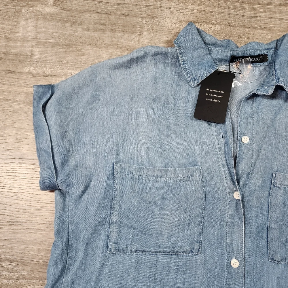 NWT ZILCREMO Blue Chambray Button Down Denim Shirt Dress Short Sleeve Medium - Picture 2 of 12